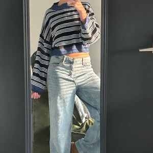 Cropped blue white and black striped sweater, perfect for fall/winter